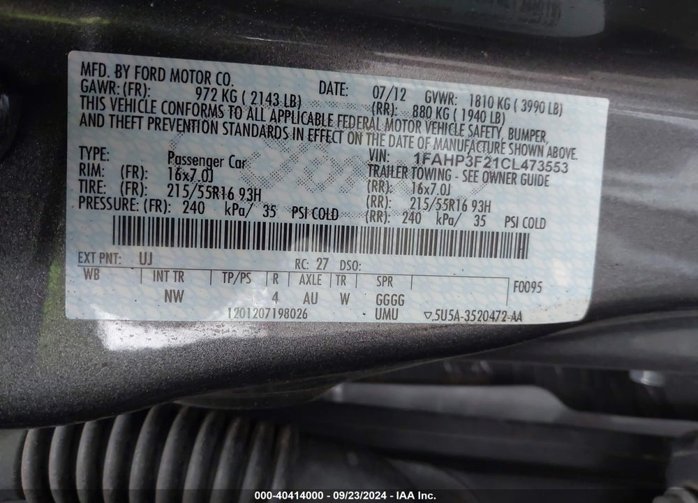2012 FORD FOCUS SE VIN: 1FAHP3F21CL473553