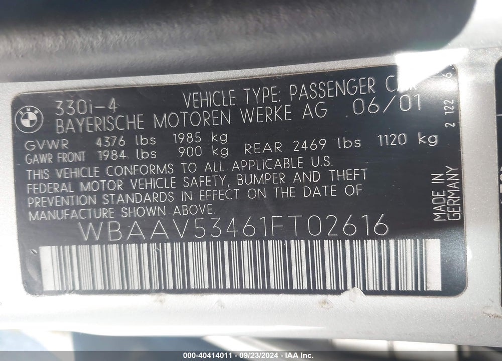 2001 BMW 330I VIN: WBAAV53461FT02616