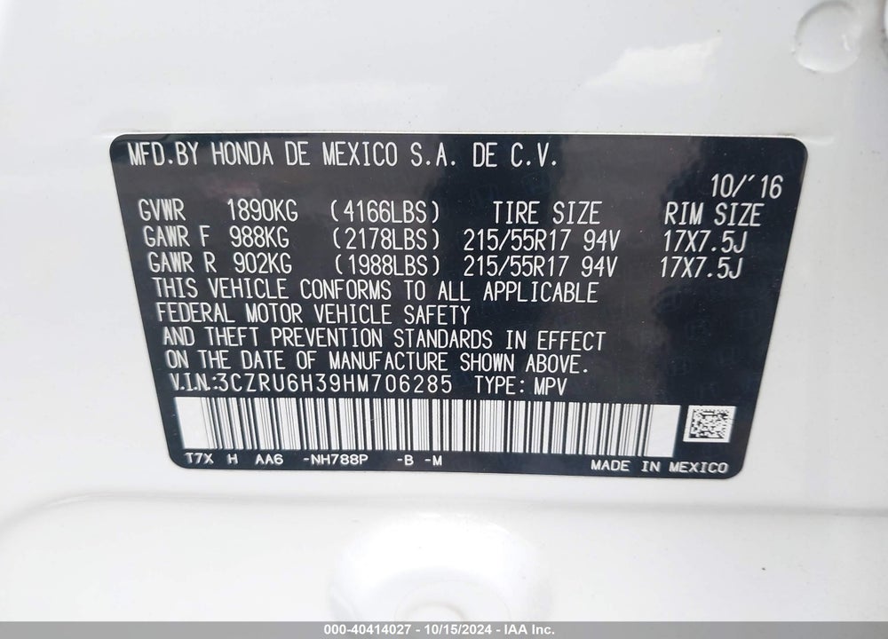 2017 HONDA HR-V LX VIN: 3CZRU6H39HM706285