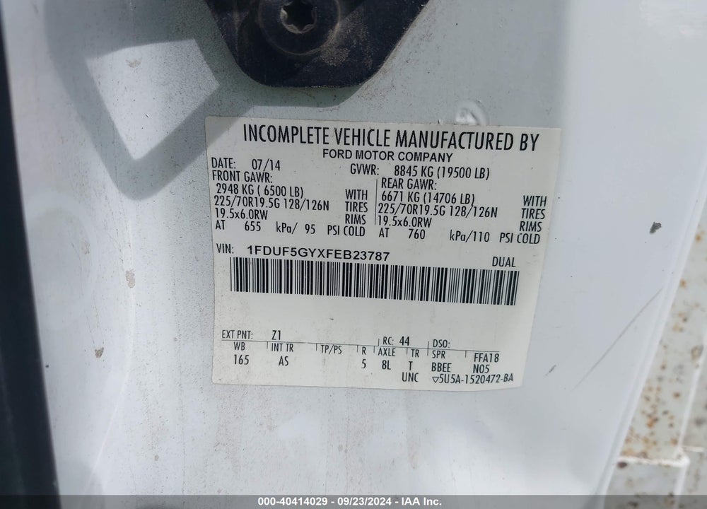 2015 FORD F-550 CHASSIS XL VIN: 1FDUF5GYXFEB23787