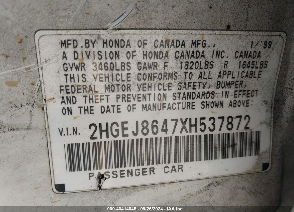 1999 HONDA CIVIC EX VIN: 2HGEJ8647XH537872