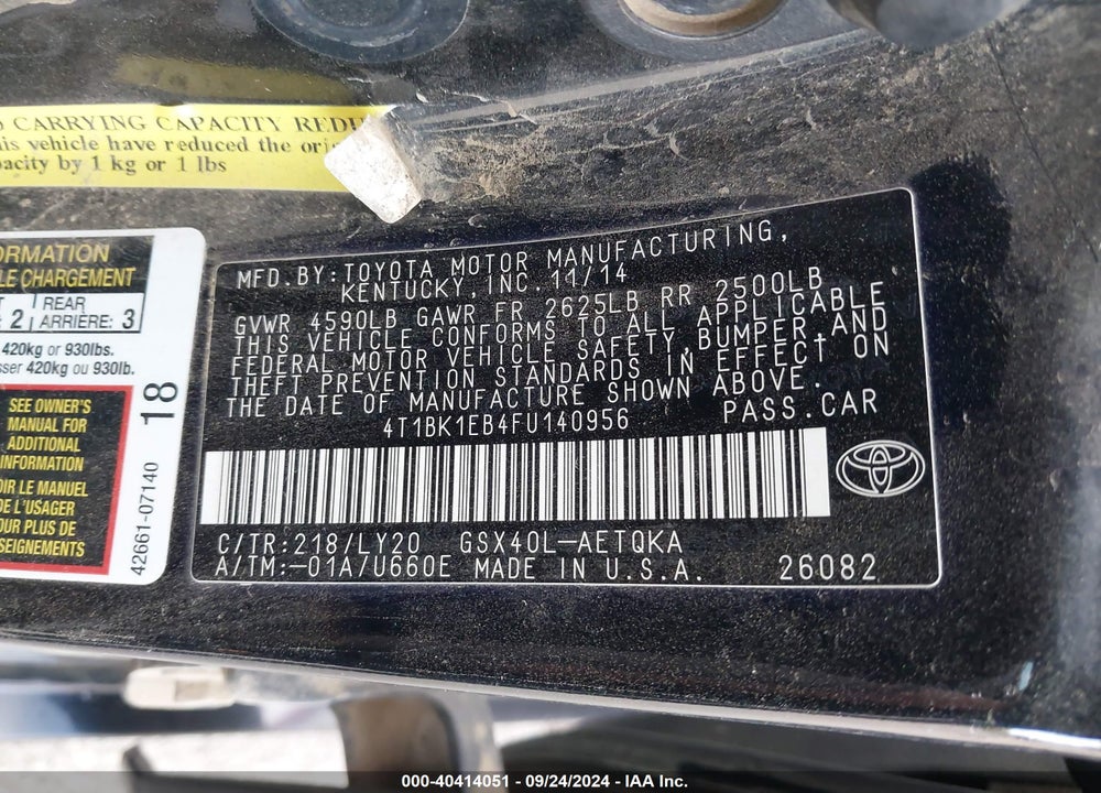 2015 TOYOTA AVALON XLE TOURING SE VIN: 4T1BK1EB4FU140956