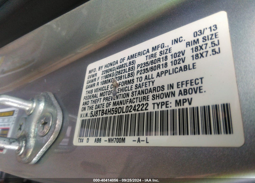 2013 ACURA RDX VIN: 5J8TB4H59DL024222