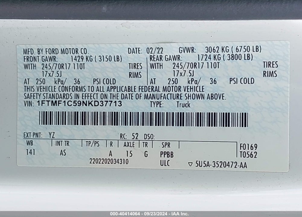 2022 FORD F-150 XL VIN: 1FTMF1C59NKD37713