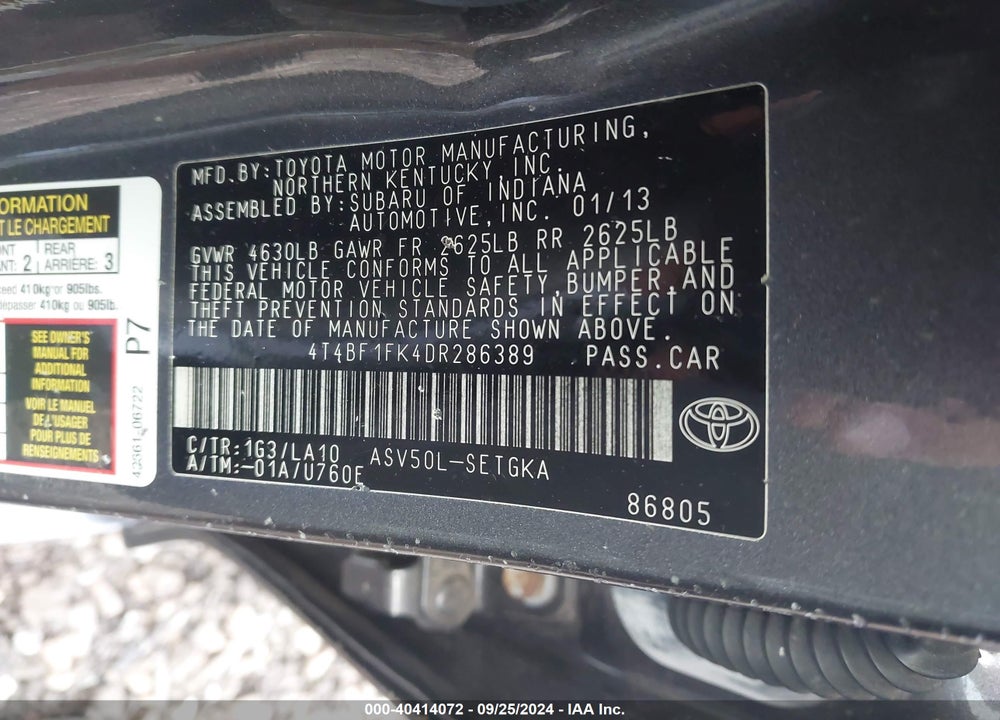 2013 TOYOTA CAMRY XLE VIN: 4T4BF1FK4DR286389