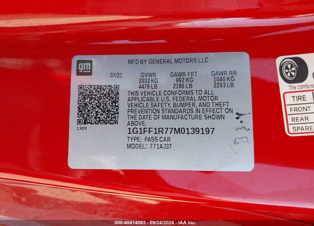 2021 CHEVROLET CAMARO RWD LT1 VIN: 1G1FF1R77M0139197