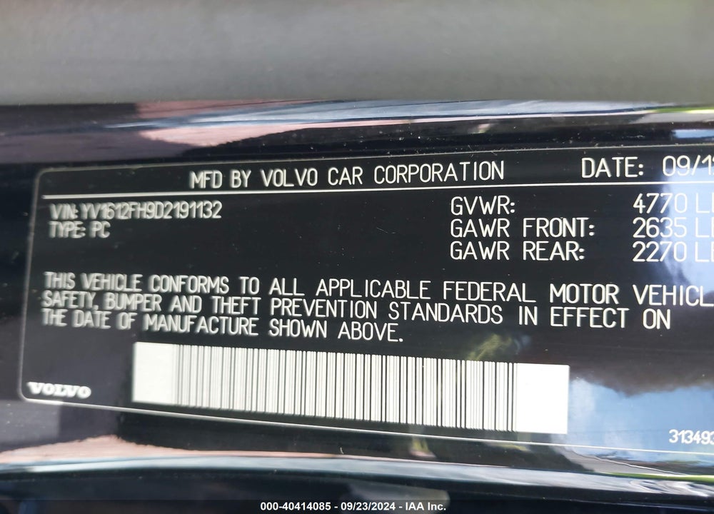 2013 VOLVO S60 T5/T5 PLATINUM/T5 PREMIER/T5 PREMIER PLUS VIN: YV1612FH9D2191132