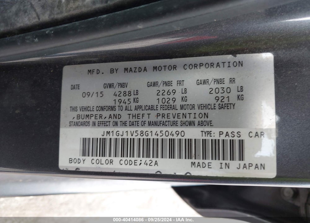 2016 MAZDA 6 I TOURING VIN: JM1GJ1V58G1450490