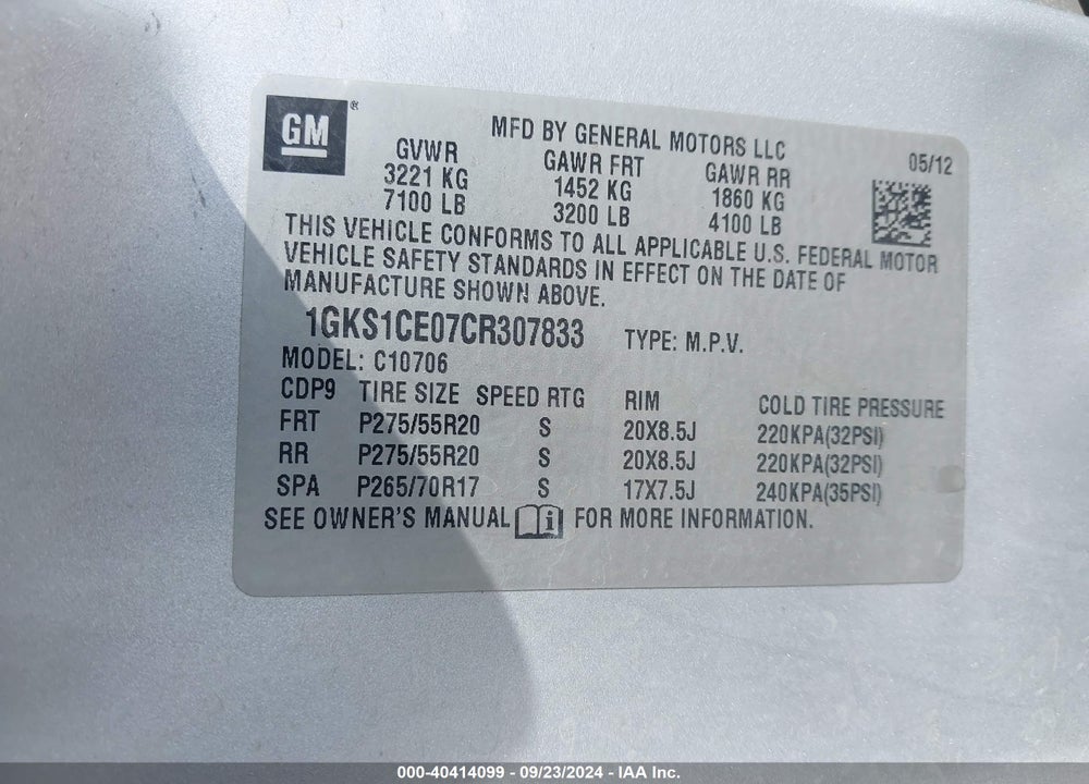 2012 GMC YUKON SLT VIN: 1GKS1CE07CR307833