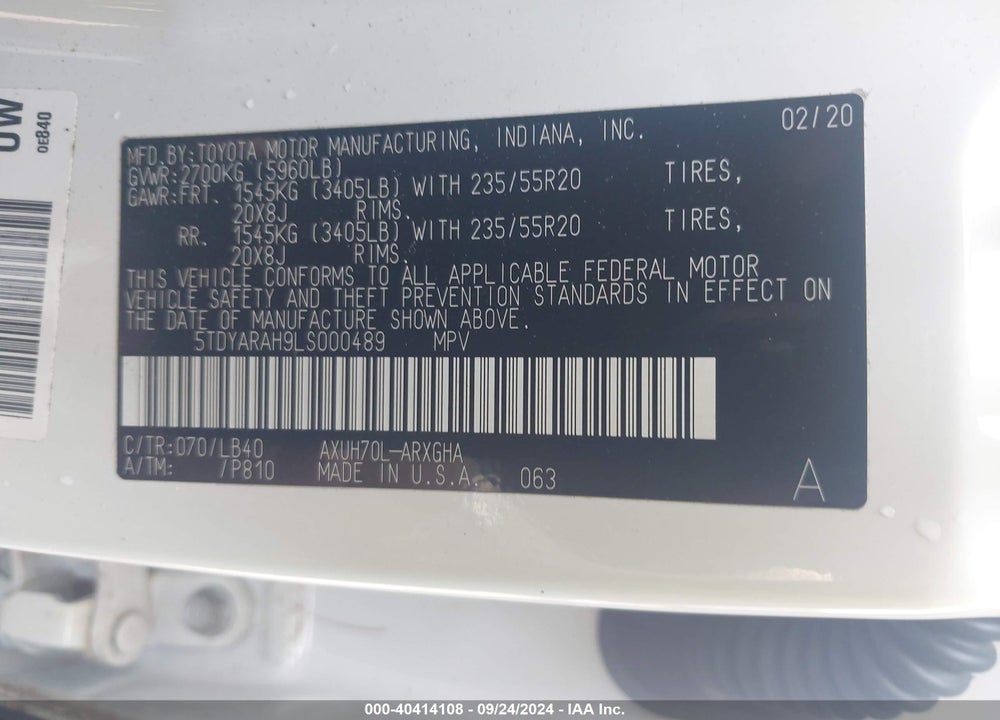 2020 TOYOTA HIGHLANDER HYBRID LIMITED VIN: 5TDYARAH9LS000489