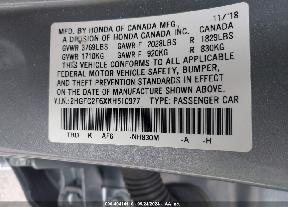 2019 HONDA CIVIC LX VIN: 2HGFC2F6XKH510977