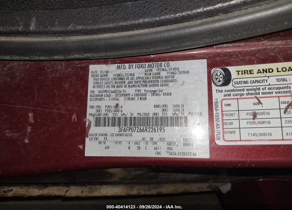 2006 FORD FUSION SE VIN: 3FAFP07Z66R226195
