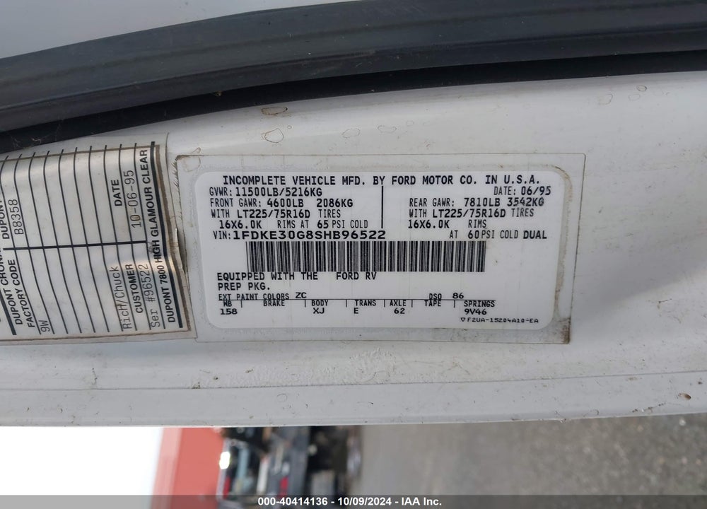 1995 FORD ECONOLINE E350 CUTAWAY VAN VIN: 1FDKE30G8SHB96522