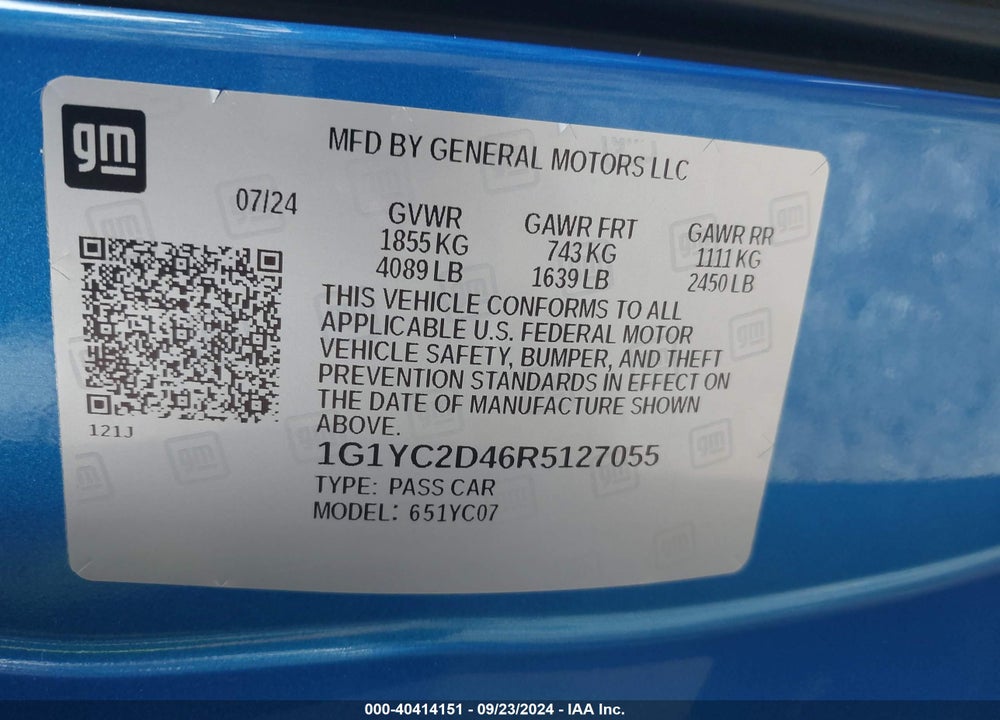 2024 CHEVROLET CORVETTE STINGRAY VIN: 1G1YC2D46R5127055