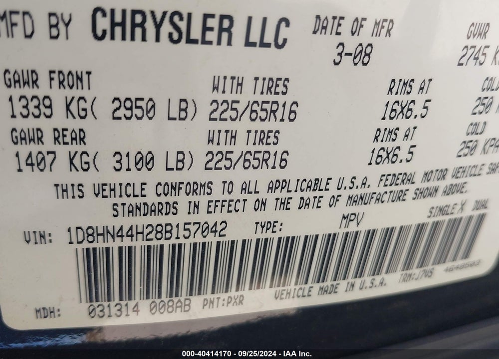 2008 DODGE GRAND CARAVAN SE VIN: 1D8HN44H28B157042