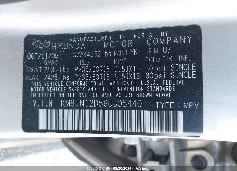 2006 HYUNDAI TUCSON GLS/LIMITED VIN: KM8JN12D56U305440
