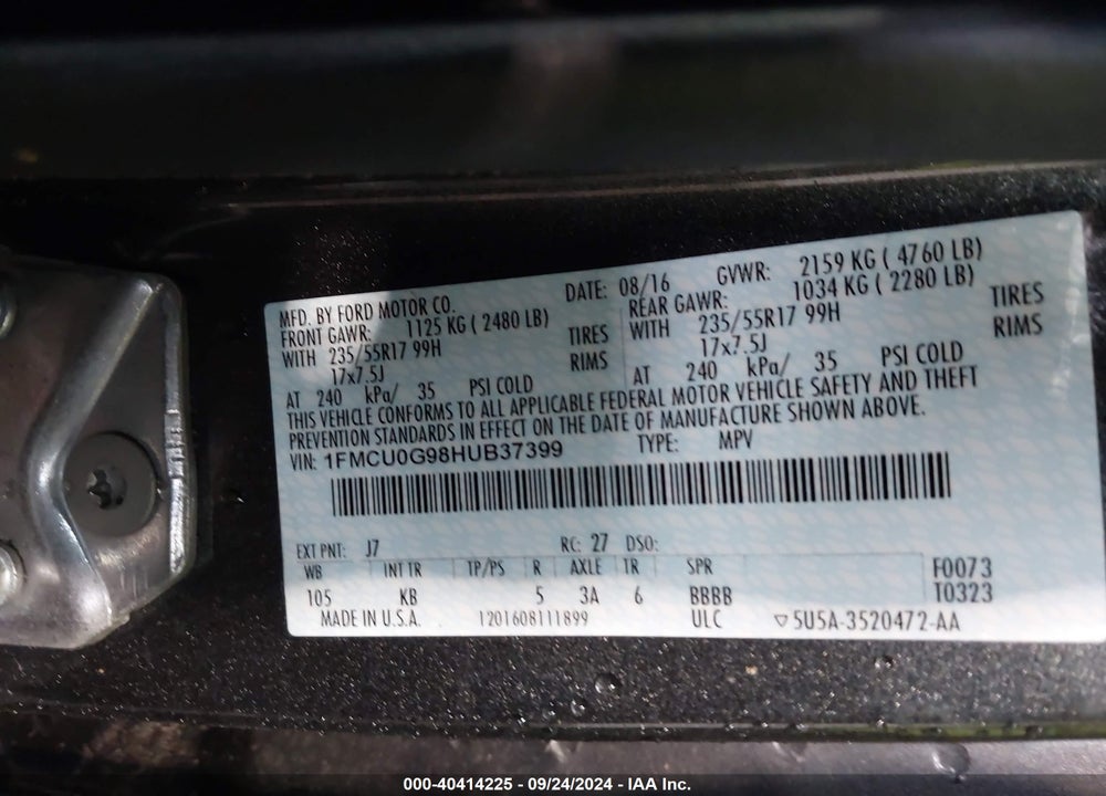 2017 FORD ESCAPE SE VIN: 1FMCU0G98HUB37399