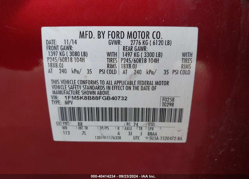 2015 FORD EXPLORER VIN: 1FM5K8B88FGB40732
