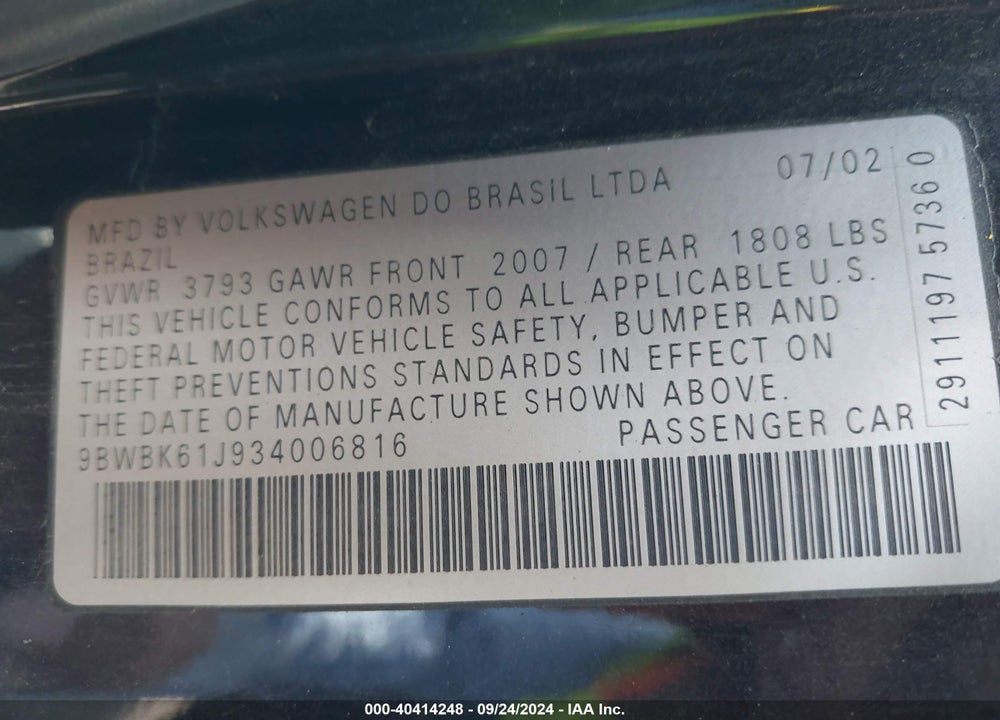 2003 VOLKSWAGEN GOLF VIN: 9BWBK61J934006816