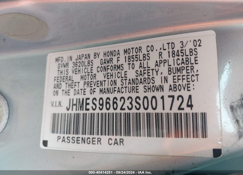 2003 HONDA CIVIC HYBRID VIN: JHMES96623S001724