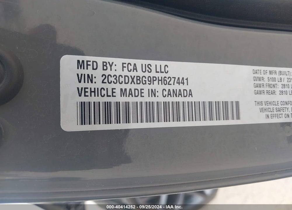 2023 DODGE CHARGER SXT VIN: 2C3CDXBG9PH627441