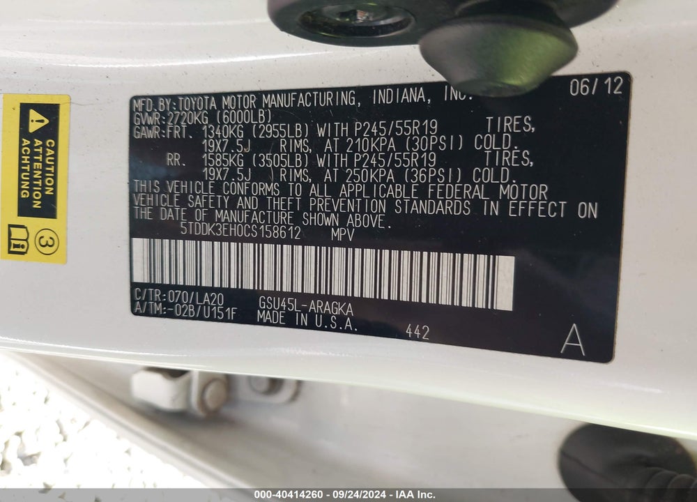 2012 TOYOTA HIGHLANDER LIMITED V6 VIN: 5TDDK3EH0CS158612
