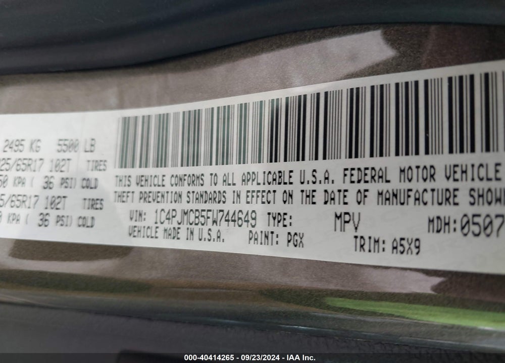 2015 JEEP CHEROKEE LATITUDE VIN: 1C4PJMCB5FW744649