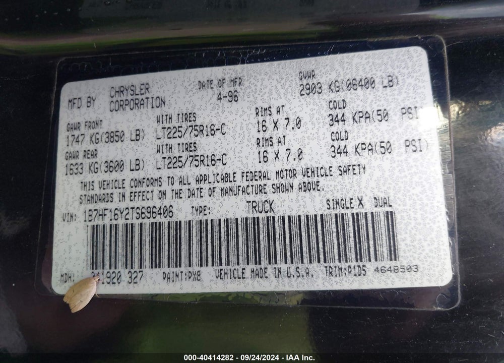 1996 DODGE RAM 1500 VIN: 1B7HF16Y2TS696406