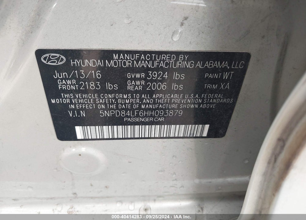2017 HYUNDAI ELANTRA SE VIN: 5NPD84LF6HH093879