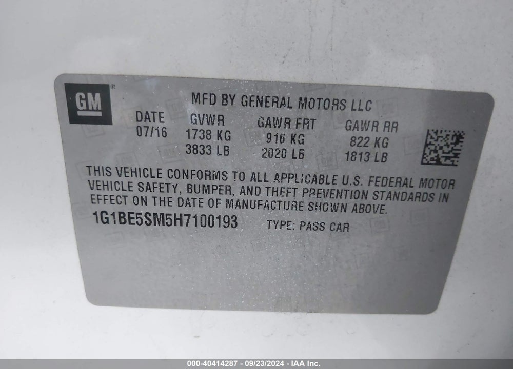 2017 CHEVROLET CRUZE LT AUTO VIN: 1G1BE5SM5H7100193