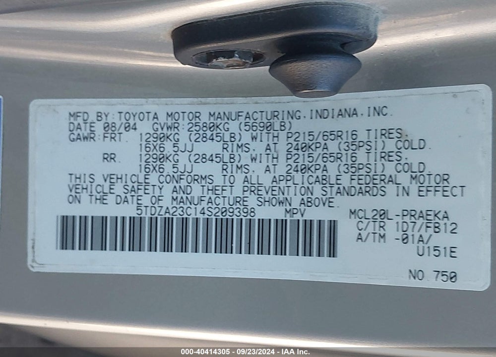 2004 TOYOTA SIENNA LE VIN: 5TDZA23C14S209398