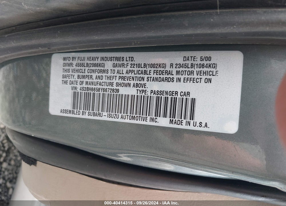 2000 SUBARU OUTBACK VIN: 4S3BH6658Y6672839