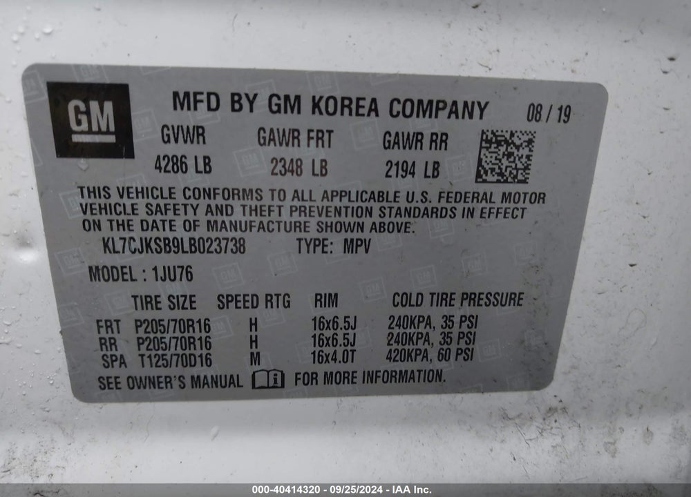 2020 CHEVROLET TRAX FWD LS VIN: KL7CJKSB9LB023738