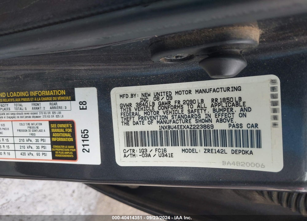 2010 TOYOTA COROLLA VIN: 1NXBU4EEXAZ223869