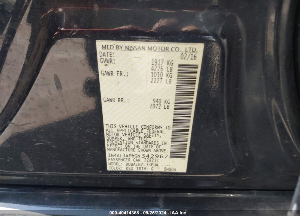 2016 NISSAN ALTIMA 2.5/2.5 S/2.5 SL/2.5 SR/2.5 SV VIN: 1N4AL3AP6GN342967