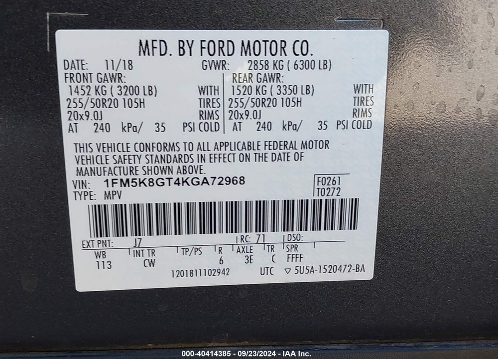 2019 FORD EXPLORER SPORT VIN: 1FM5K8GT4KGA72968