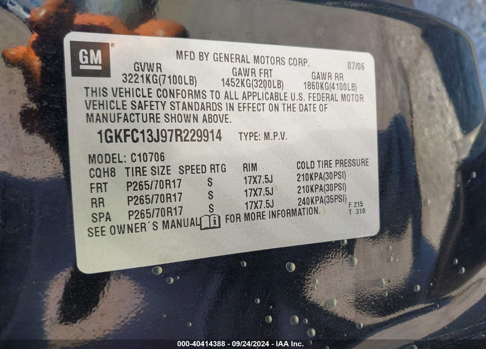 2007 GMC YUKON COMMERCIAL FLEET VIN: 1GKFC13J97R229914