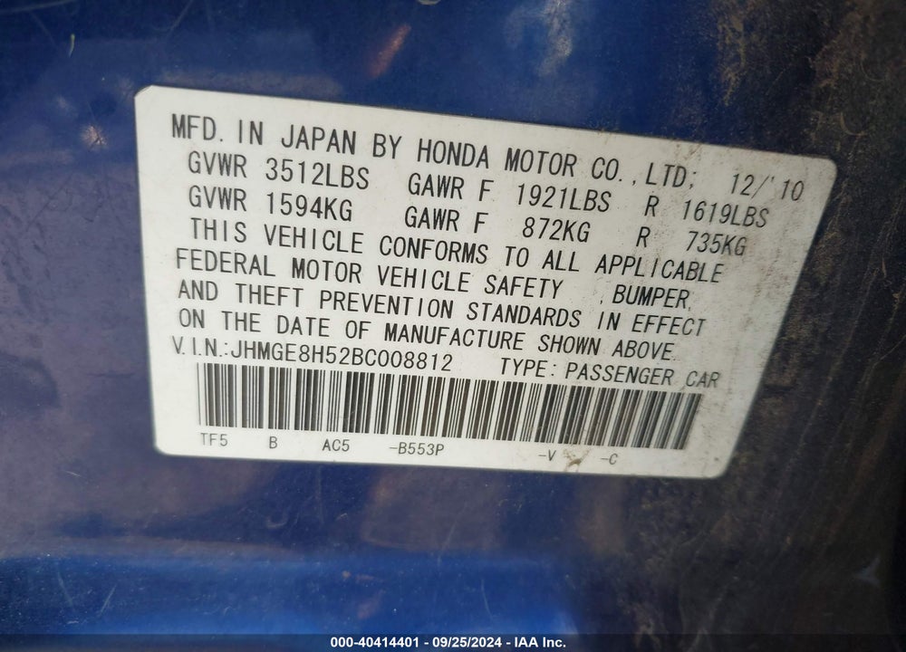 2011 HONDA FIT SPORT VIN: JHMGE8H52BC008812