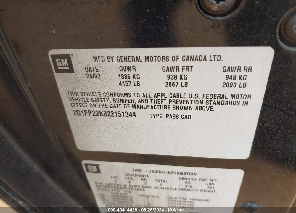 2002 CHEVROLET CAMARO VIN: 2G1FP22K322151344
