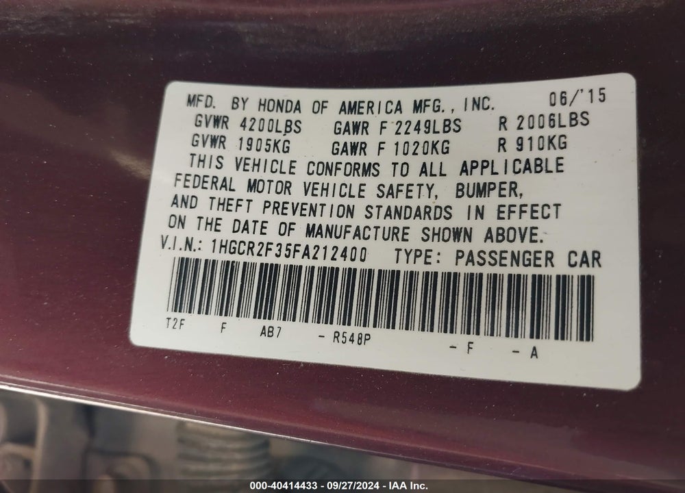 2015 HONDA ACCORD LX VIN: 1HGCR2F35FA212400