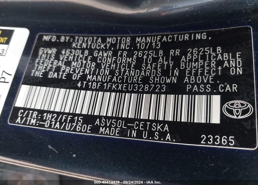 2014 TOYOTA CAMRY SE VIN: 4T1BF1FKXEU328723