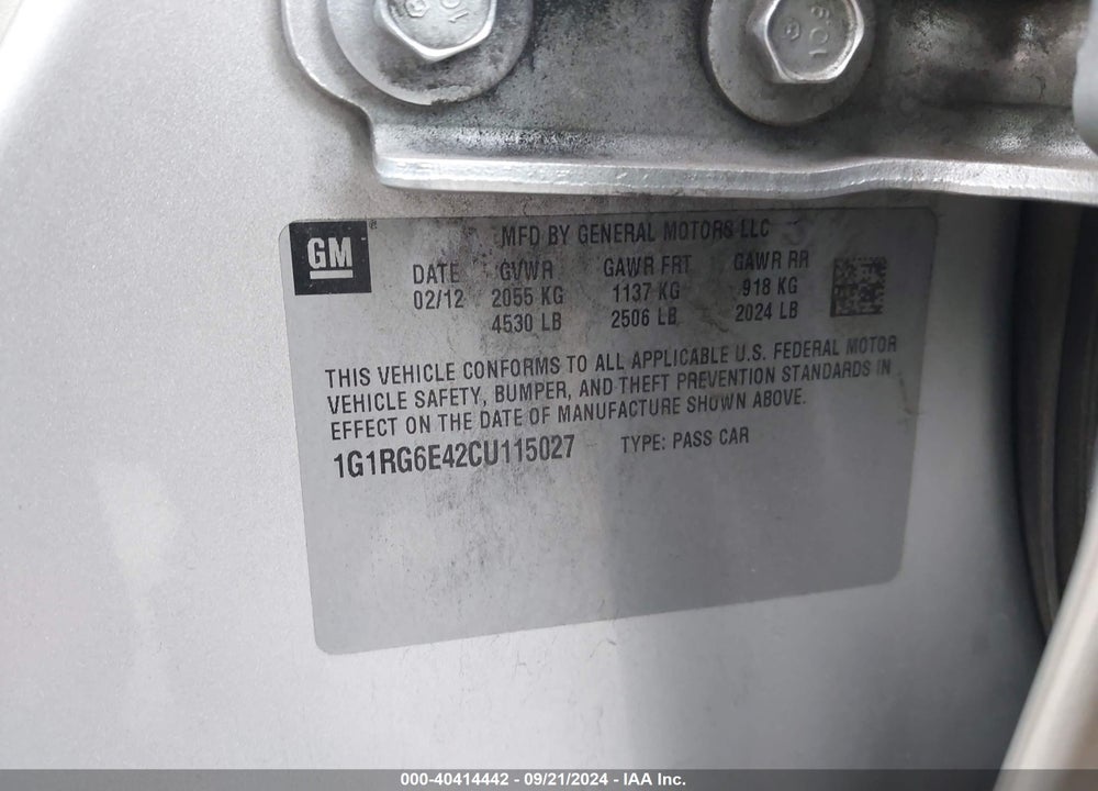 2012 CHEVROLET VOLT VIN: 1G1RG6E42CU115027