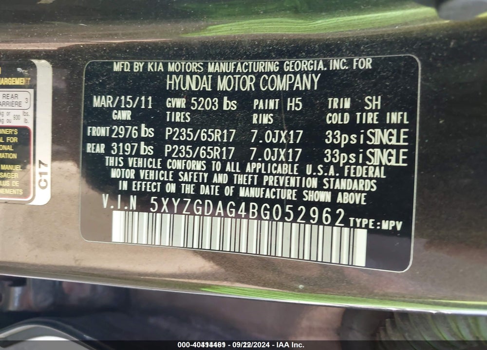 2011 HYUNDAI SANTA FE GLS V6 VIN: 5XYZGDAG4BG052962