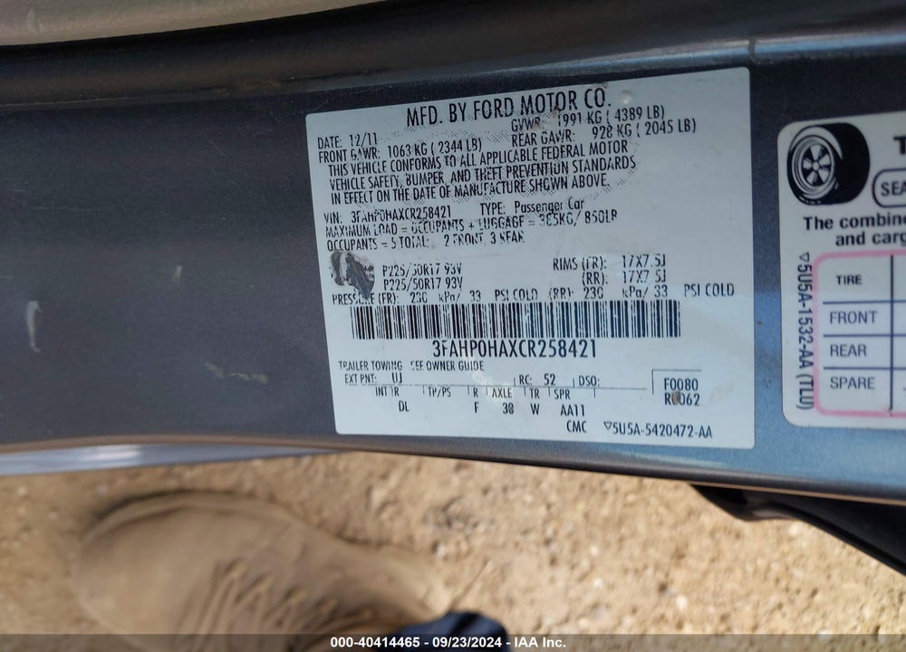 2012 FORD FUSION SE VIN: 3FAHP0HAXCR258421