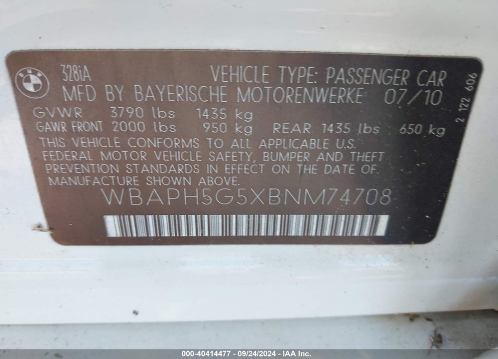2011 BMW 328I VIN: WBAPH5G5XBNM74708