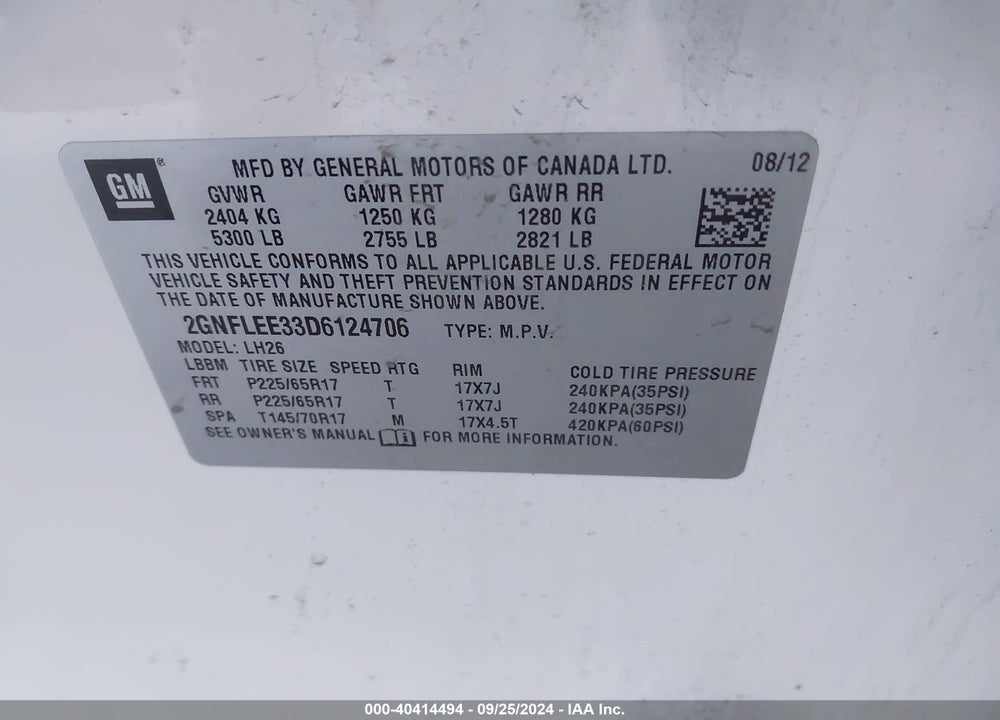 2013 CHEVROLET EQUINOX 1LT VIN: 2GNFLEE33D6124706