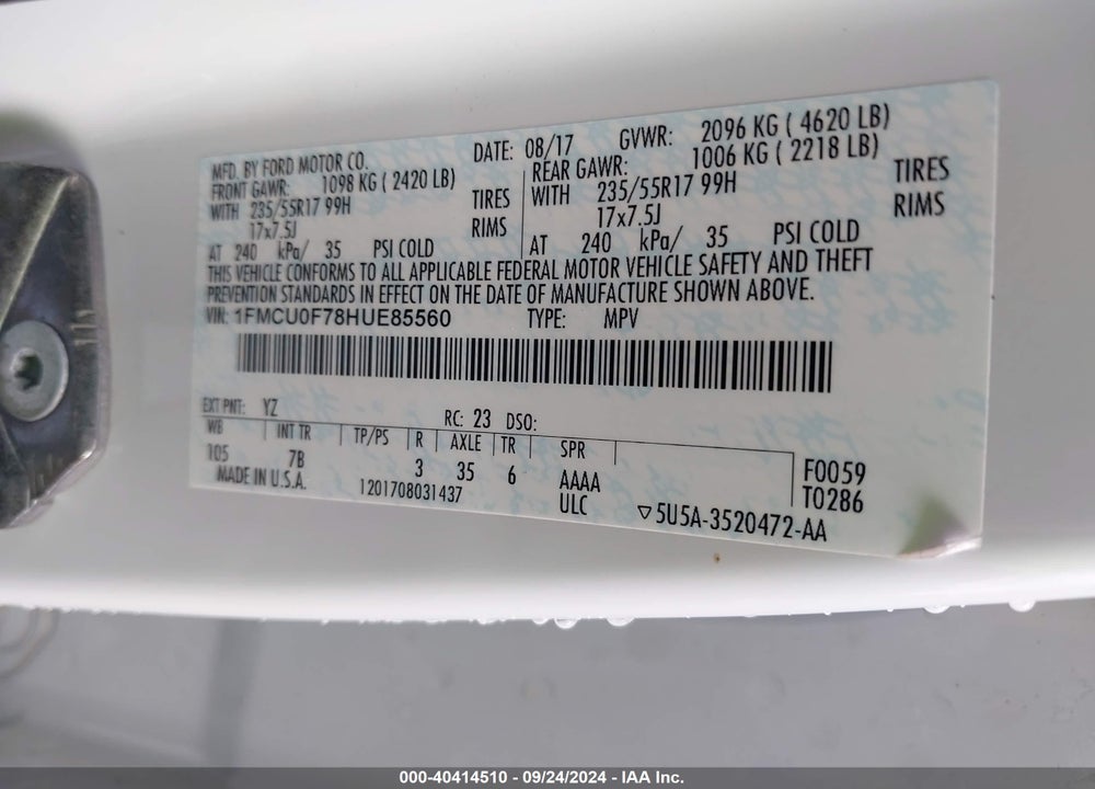 2017 FORD ESCAPE S VIN: 1FMCU0F78HUE85560