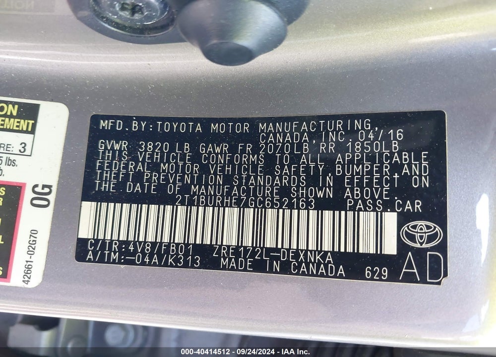 2016 TOYOTA COROLLA VIN: 2T1BURHE7GC652163