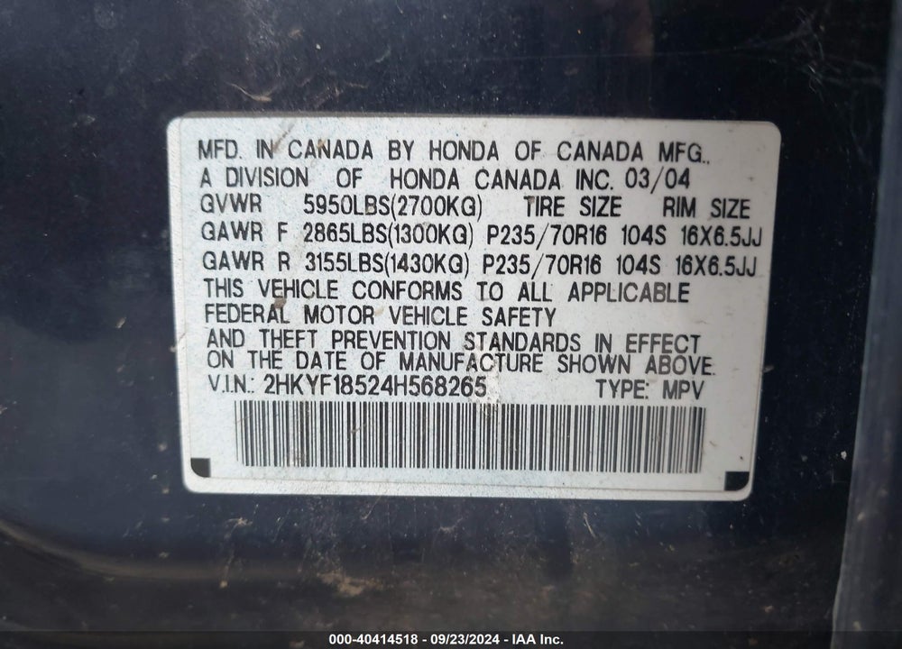 2004 HONDA PILOT EX-L VIN: 2HKYF18524H568265