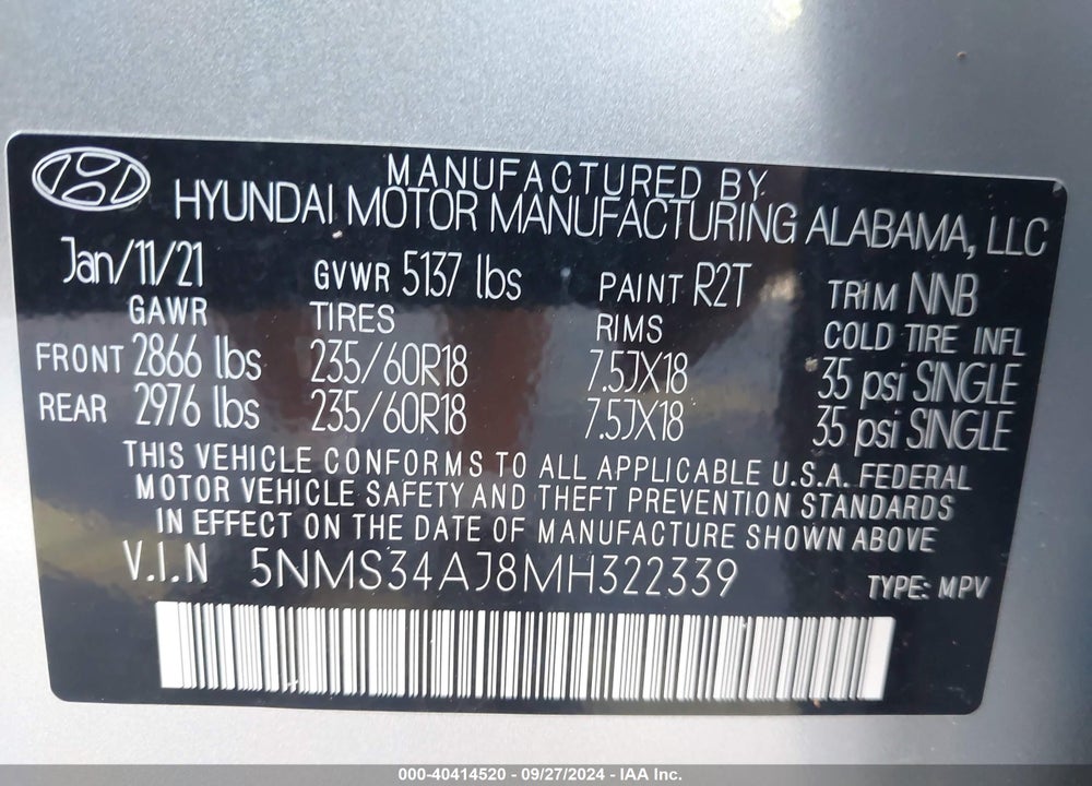 2021 HYUNDAI SANTA FE SEL VIN: 5NMS34AJ8MH322339
